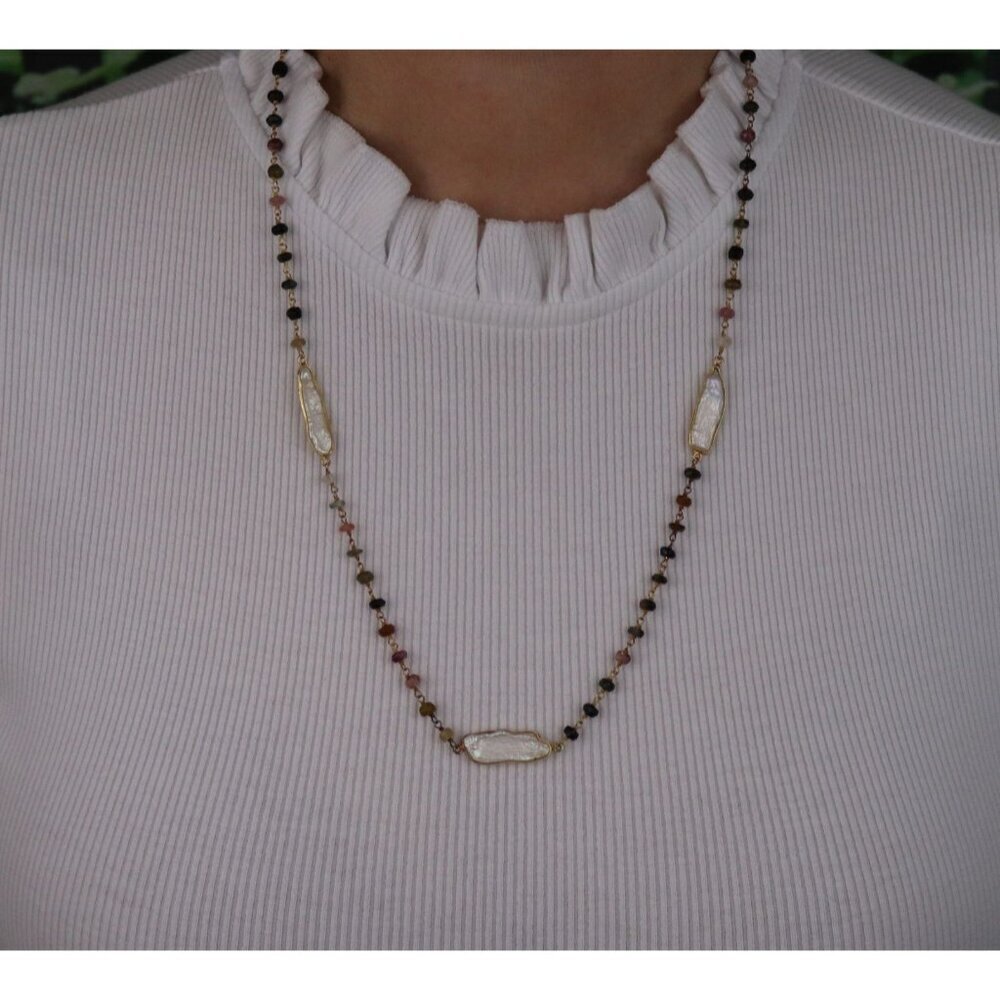 Gold Over Sterling Silver Natural Tourmaline and Keshi Pearl Necklace 24" - Picture 4 of 8